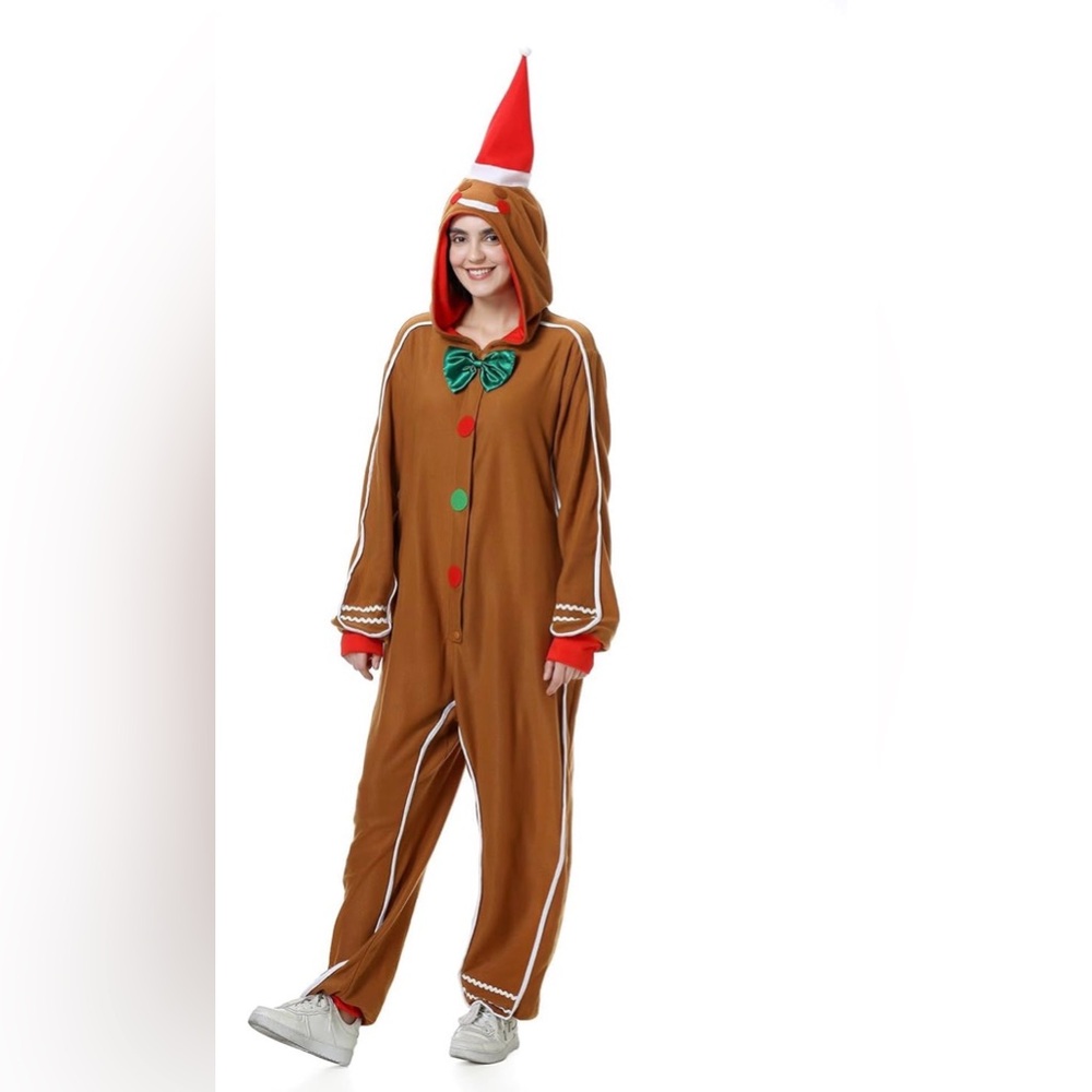 Gingerbread Man Hooded Christmas Onesie Costume Adult Holiday Cosplay New
